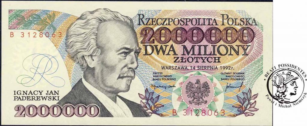 Banknot 2 miliony zł 1992 Paderewski st.1 Piękny