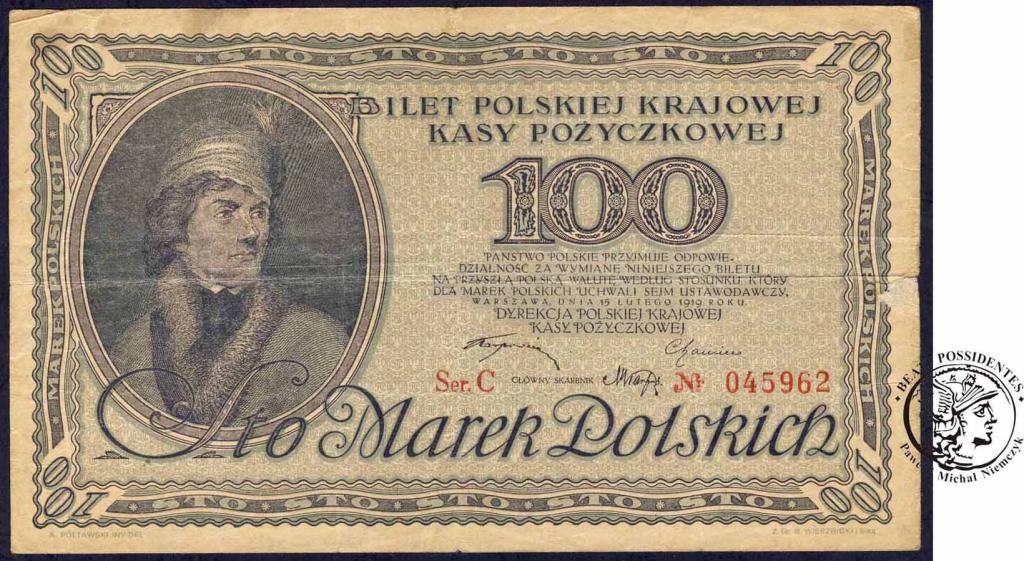 100 marek polskich 1919 Kościuszko ser C st.3