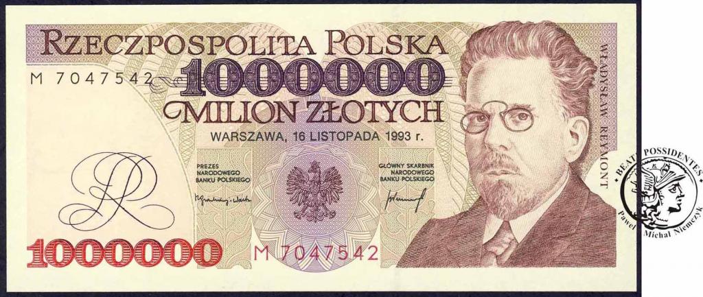 Banknot 1 milion zł 1993 Reymont ser M st.1 Piękny