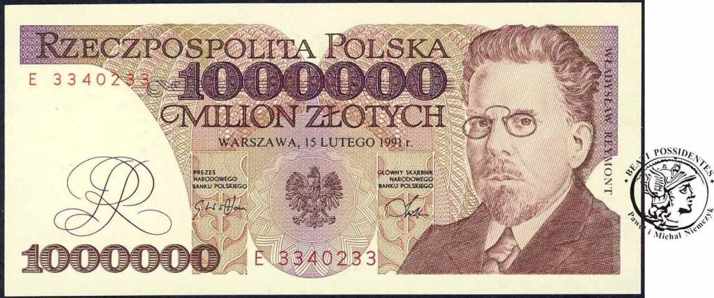 Banknot 1 milion zł 1991 Reymont ser E st.1 Piękny