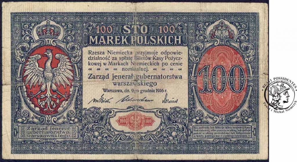 Banknot 100 marek polskich 1916 - JENERAŁ st.3-/4+
