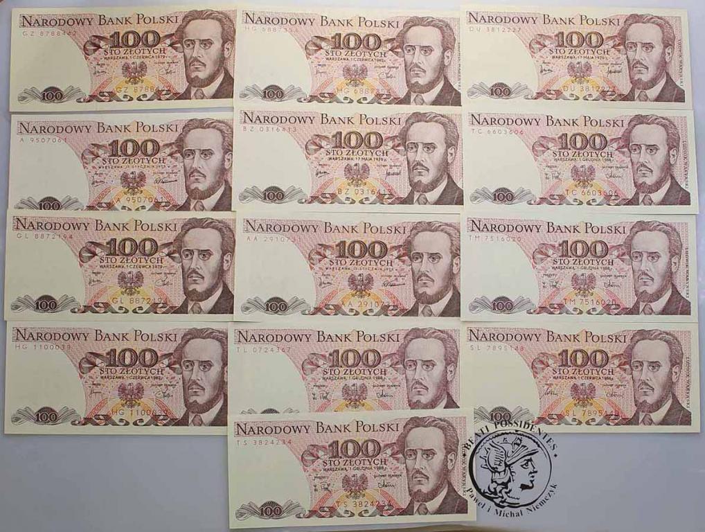 Banknoty 100 złotych 1975-1988 lot 13 szt. st.2
