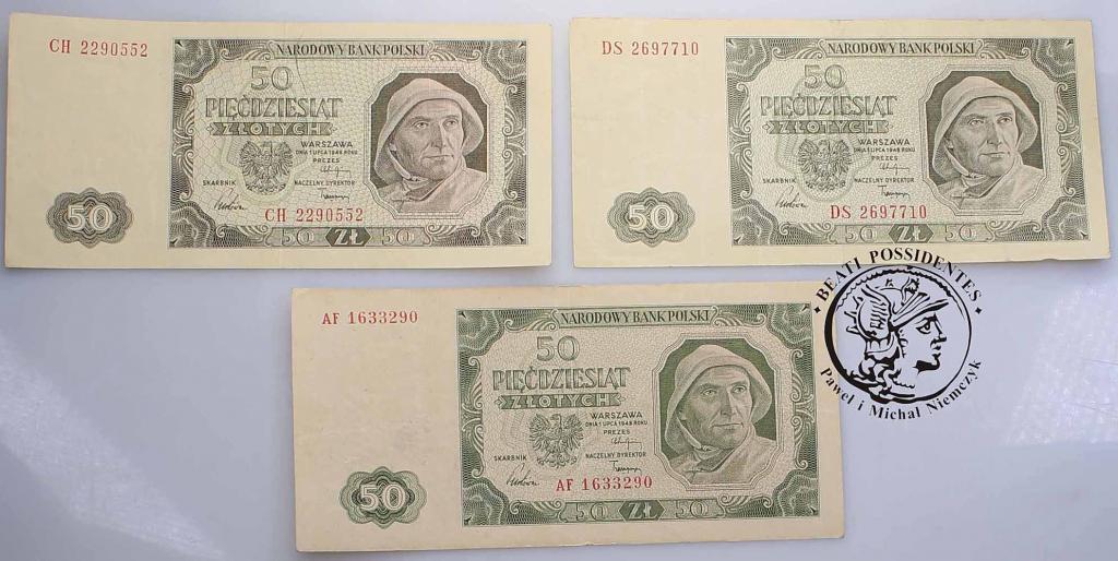 PRL banknoty 50 złotych 1948 lot 3 szt. st.3/3-