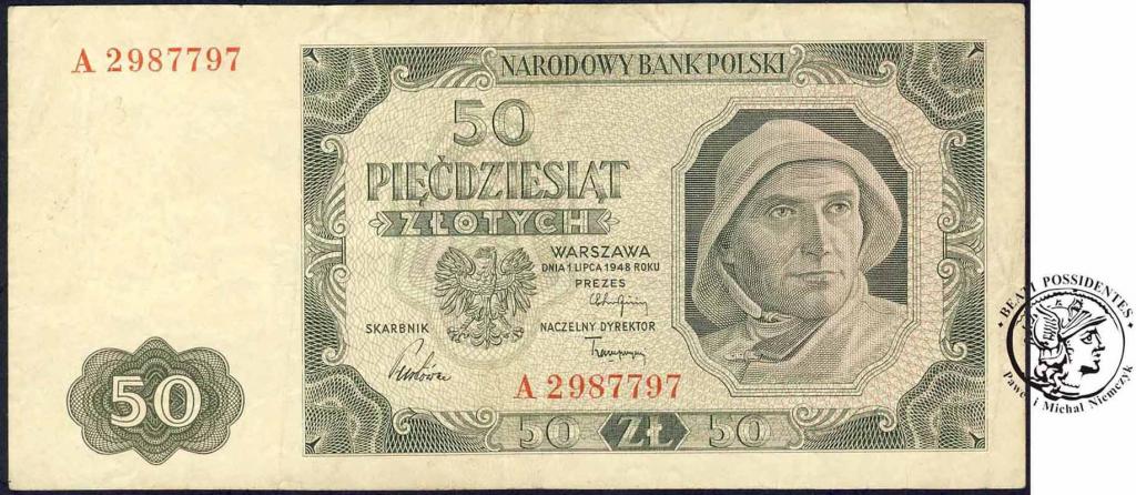 Polska PRL banknoty 50 złotych 1948 seria A st.3