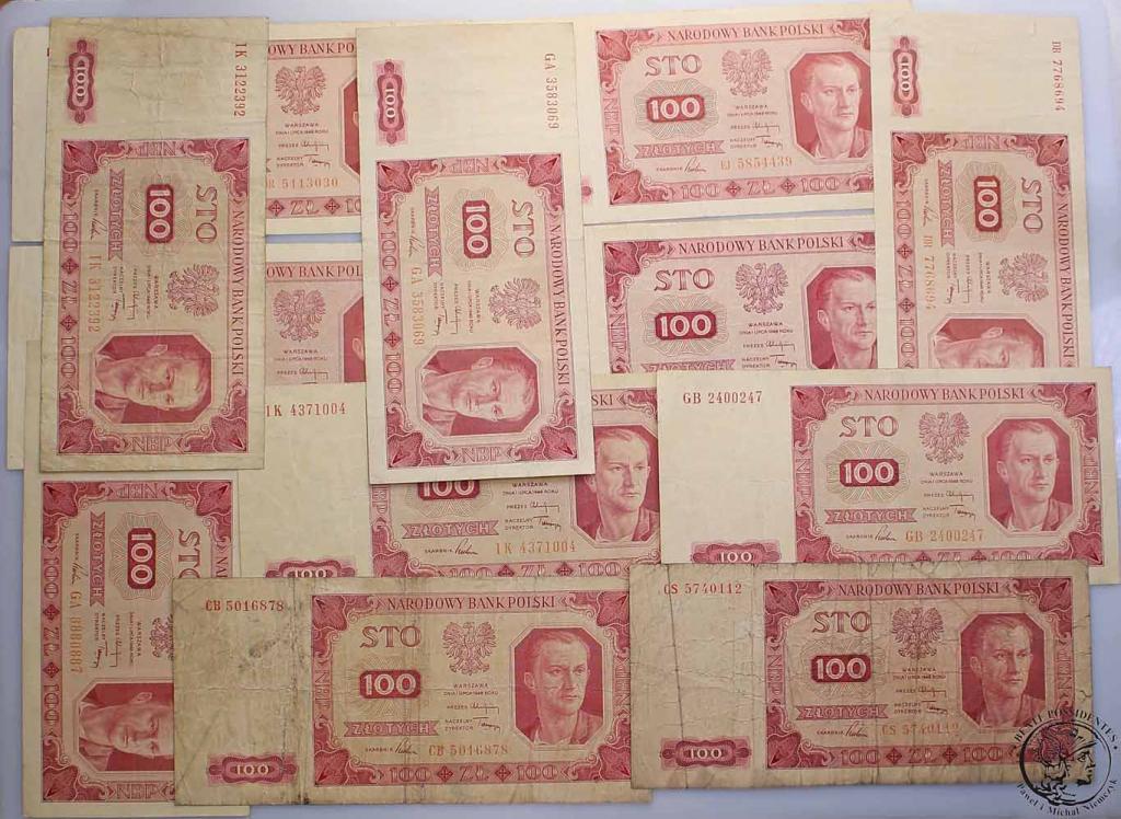 PRL banknoty 100 złotych 1948 lot 12 szt. st.3/4