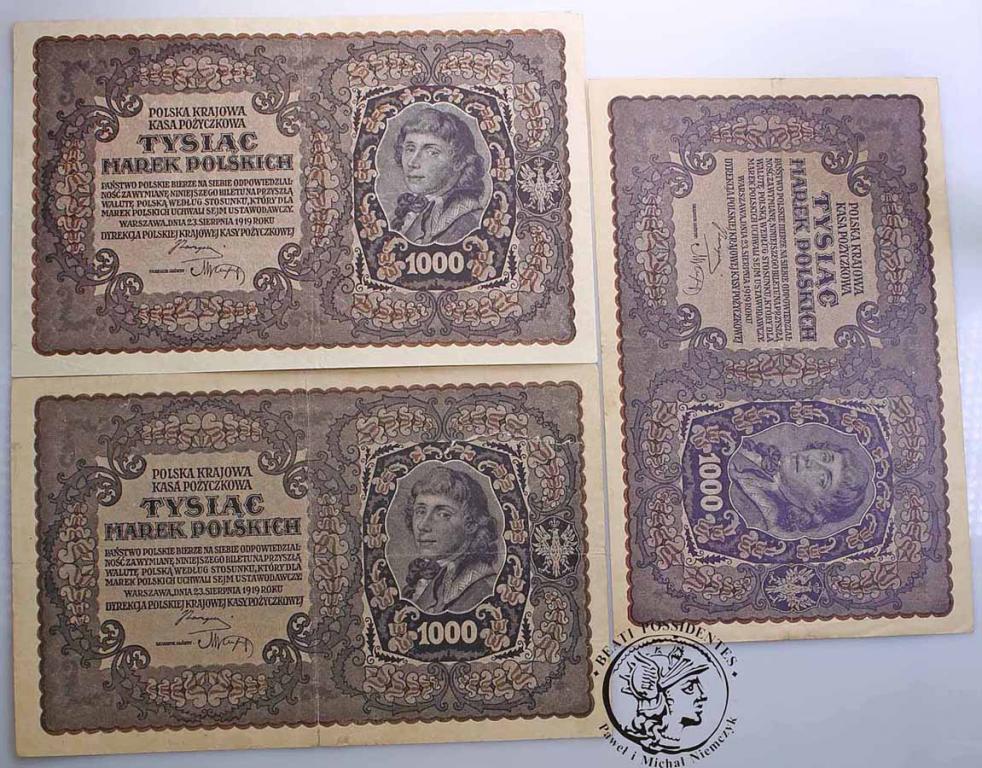 Banknoty 1000 marek polskich 1919 lot 3 szt. st.3