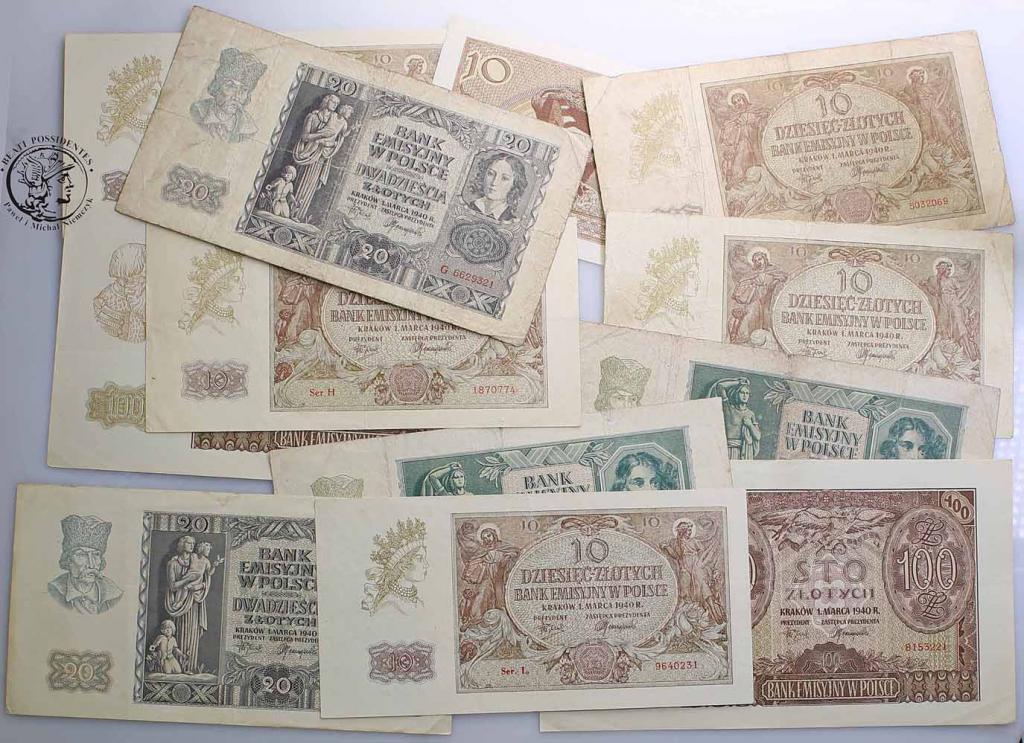 Banknoty polskie 1940 różne lot 12 szt. st.2/3-