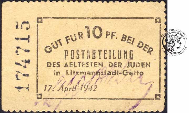 Getto Łódź 10 fenigów 17.04.1942 st2/2+ B. RZADKIE