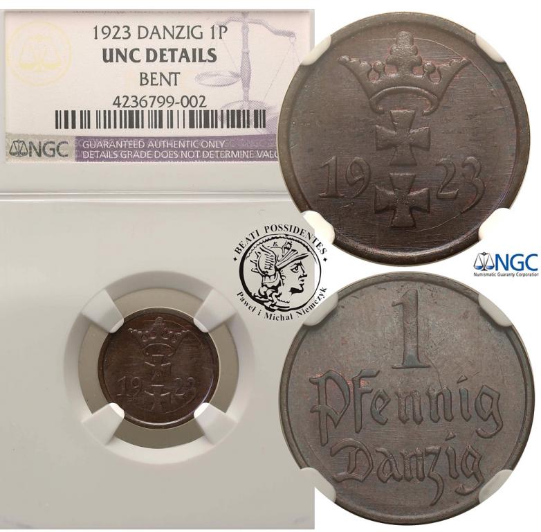 W.M. Gdańsk Danzig 1 fenig 1923 NGC UNC DETAILS