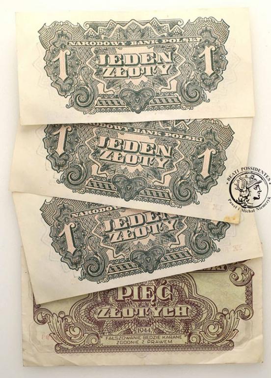 Zestaw 4 banknotów 1-5 złotych 1944 różne st.3/4