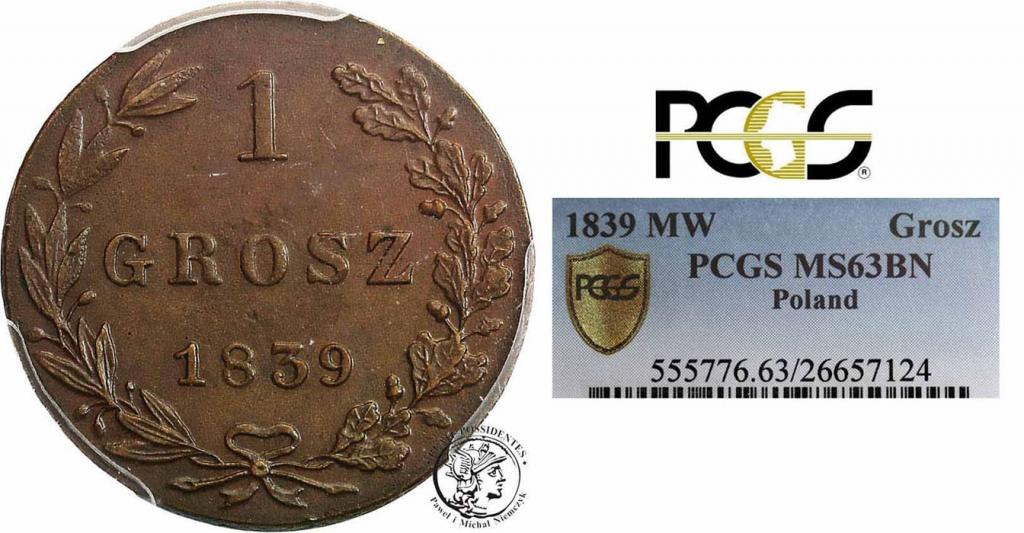 Polska grosz 1839 PCGS MS63 BN miedź