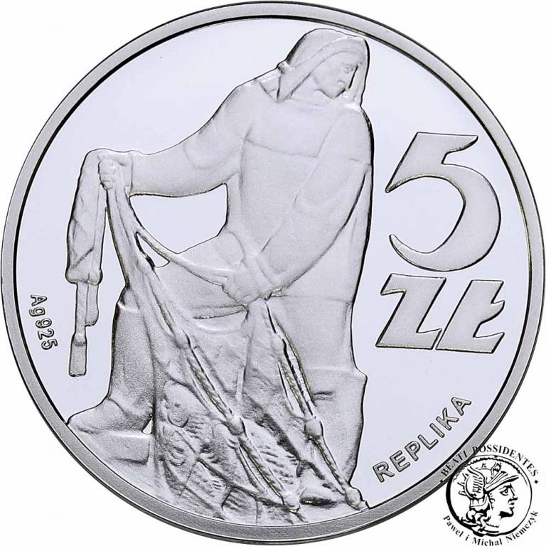 REPLIKA monety 5 złotych 1958 Rybak SREBRO st.L