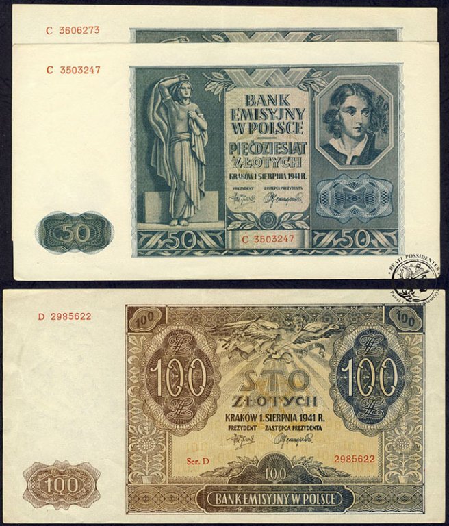 Banknoty 50 + 100 złotych 1941 lot 3 szt. st.2/2-