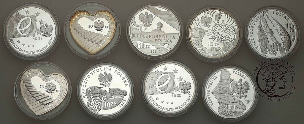 10 złotych 2011-12 zestaw 9 sztuk różne st.L