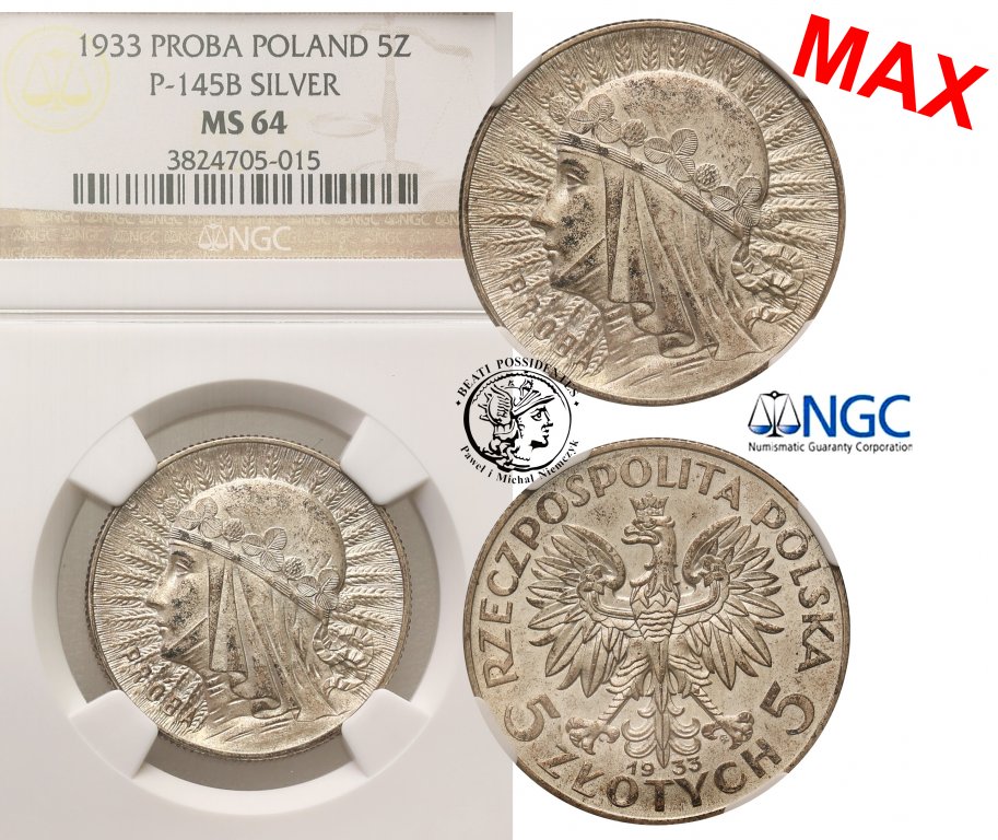 PRÓBA srebro 5 złotych 1933 głowa kobiety NGC MS64