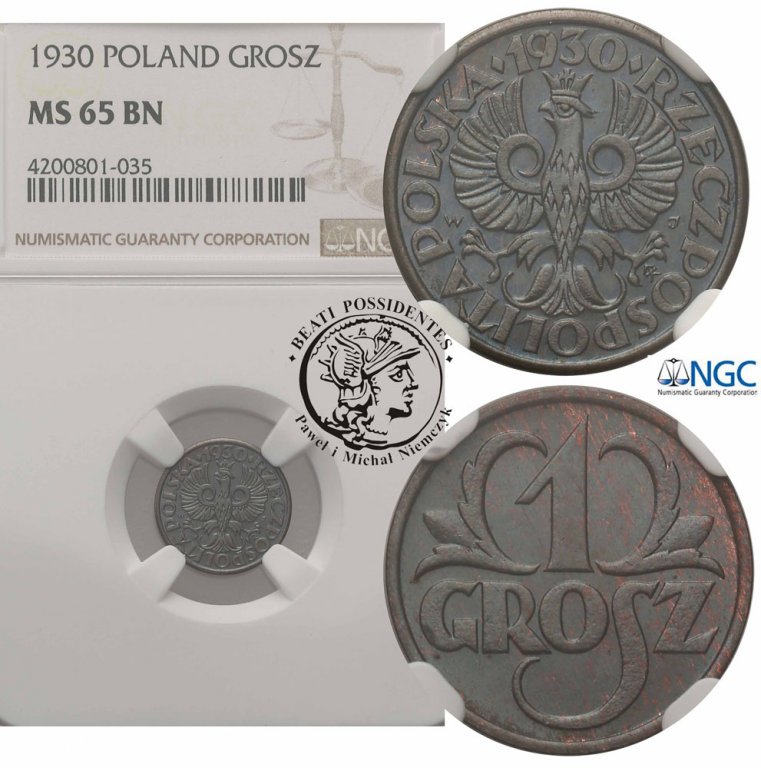 Polska II RP 1 grosz 1930 NGC MS65 BN