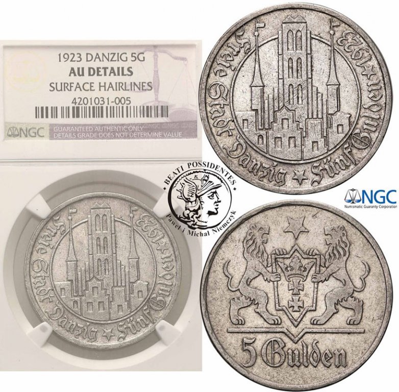 W.M. Gdańsk Danzig 5 Guldenów 1923 NGC AU DETAILS