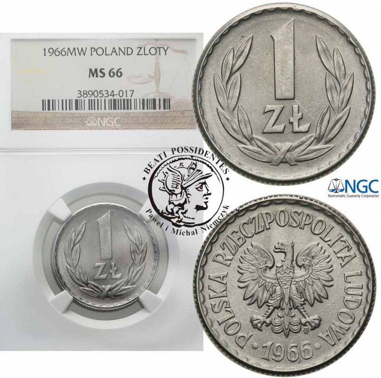 Polska PRL 1 złoty 1966 NGC MS66