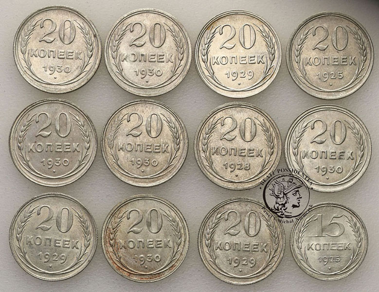 Rosja sowiecka 15 + 20 kopiejek 1925-29 12 szt st2