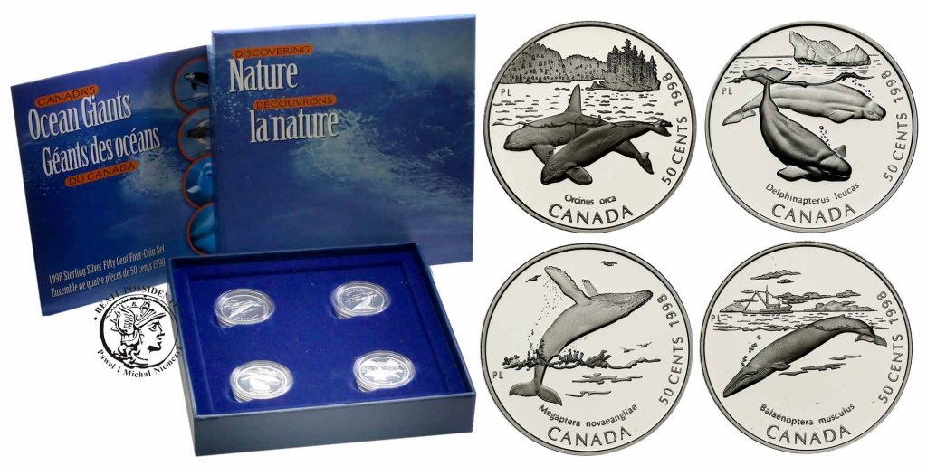 Kanada Wieloryby 50 centów 1998 4 szt SREBRO st. L