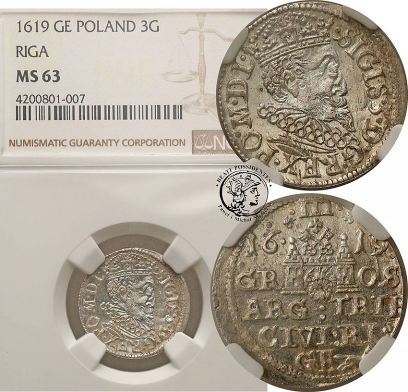 Polska 3 grosze 1619 Ryga NGC MS63