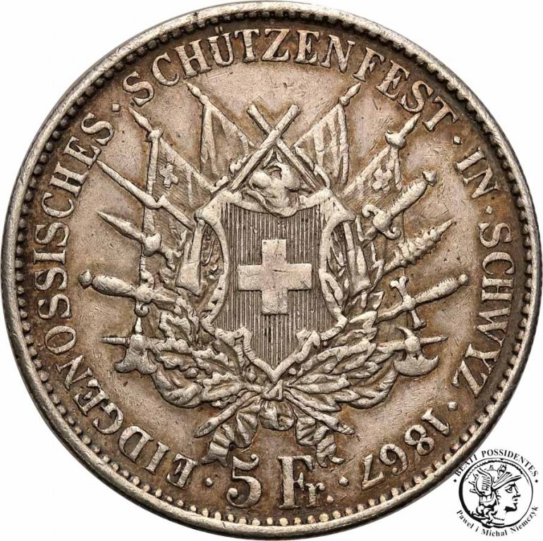 Szwajcaria 5 franków 1867 Schwyz strzeleckie st. 3