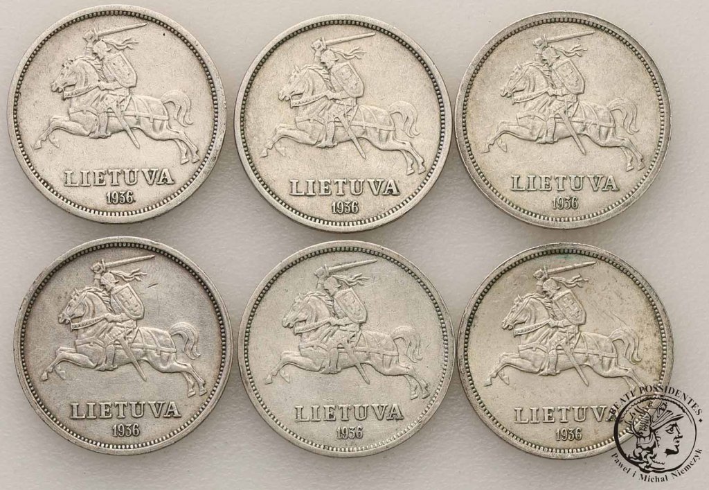 Litwa 5 Litów 1936 srebro lot 6 szt. st.3