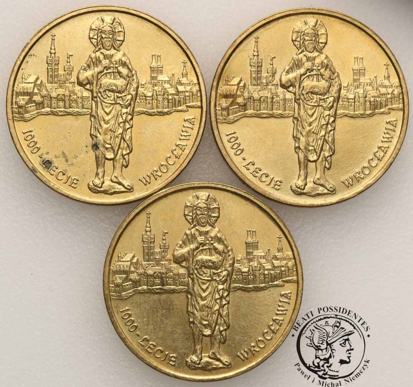 2 złote 2000 Tysiąclecie Wrocławia 3 szt. st.2+/1-