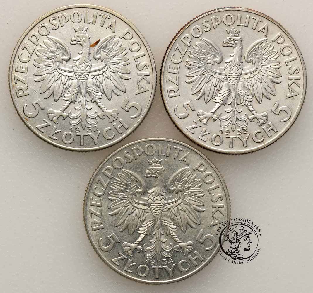 5 złotych 1932 + 1934 głowa kobiety 2szt st. 2-/3+