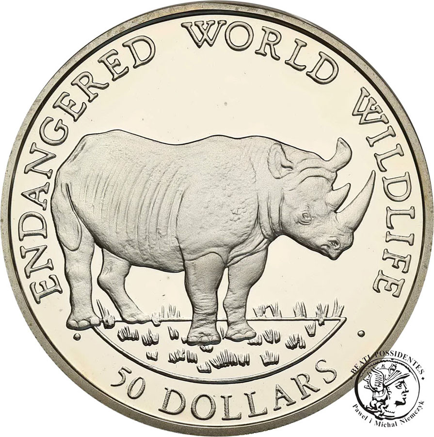 Wyspy Cook'a 50 dolarów 1990 nosorożec SREBRO st.L