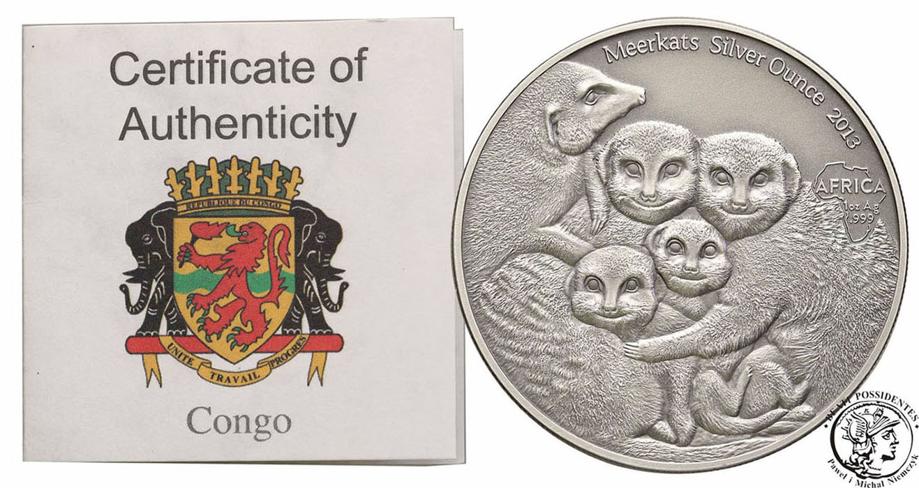 Kongo 1000 franków 2013 surykatki SREBRO uncja st1