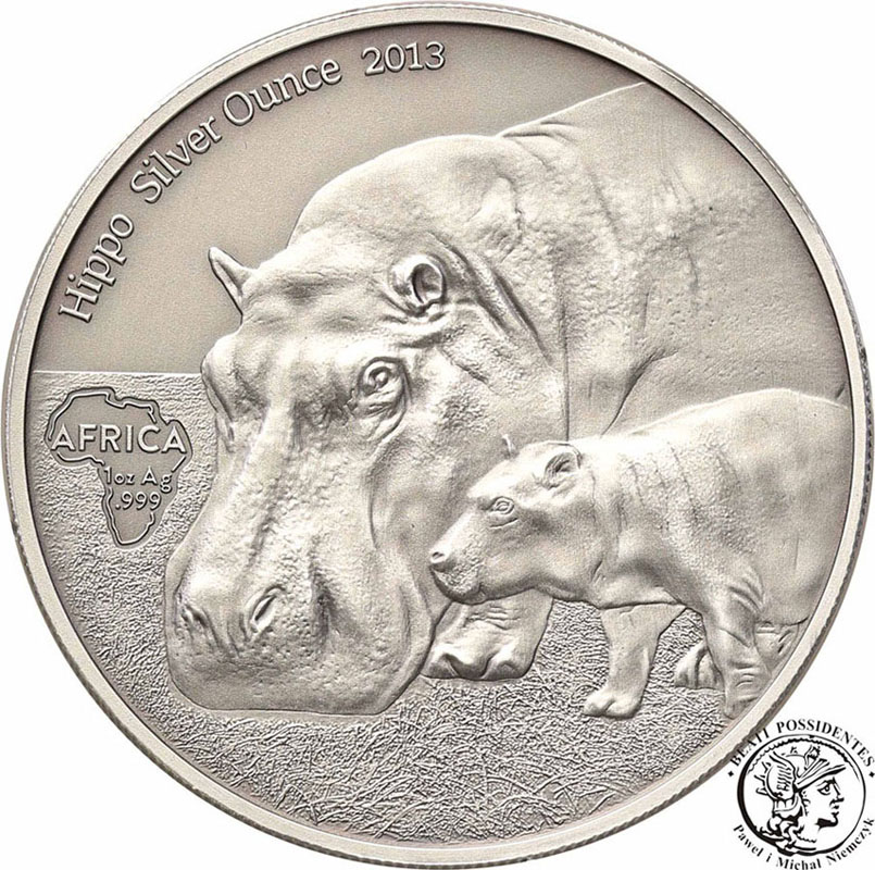 Kongo 1000 franków 2013 hipopotam SREBRO uncja st1