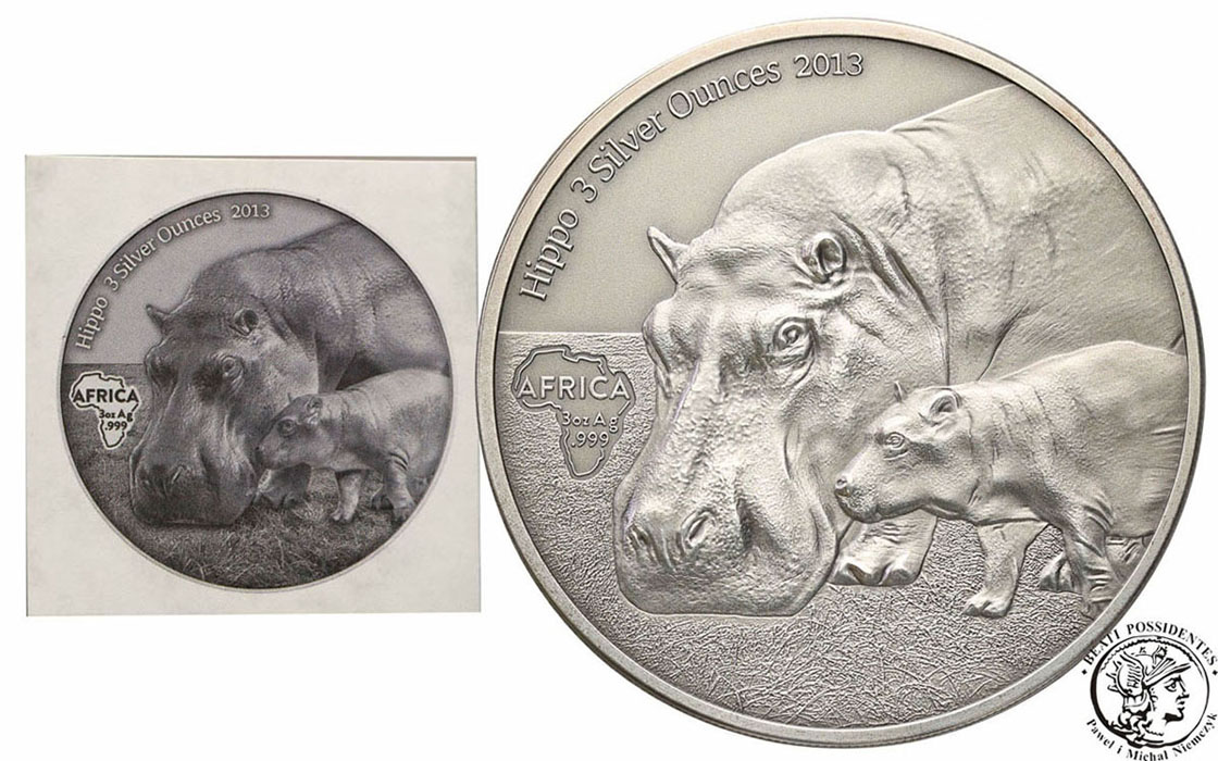 2000 franków 2013 hipopotam SREBRO 3 uncje st.1