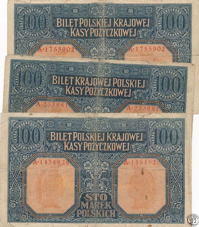 3x 100 marek polskich 1916 GENERAŁ JENERAŁ st.3-/4
