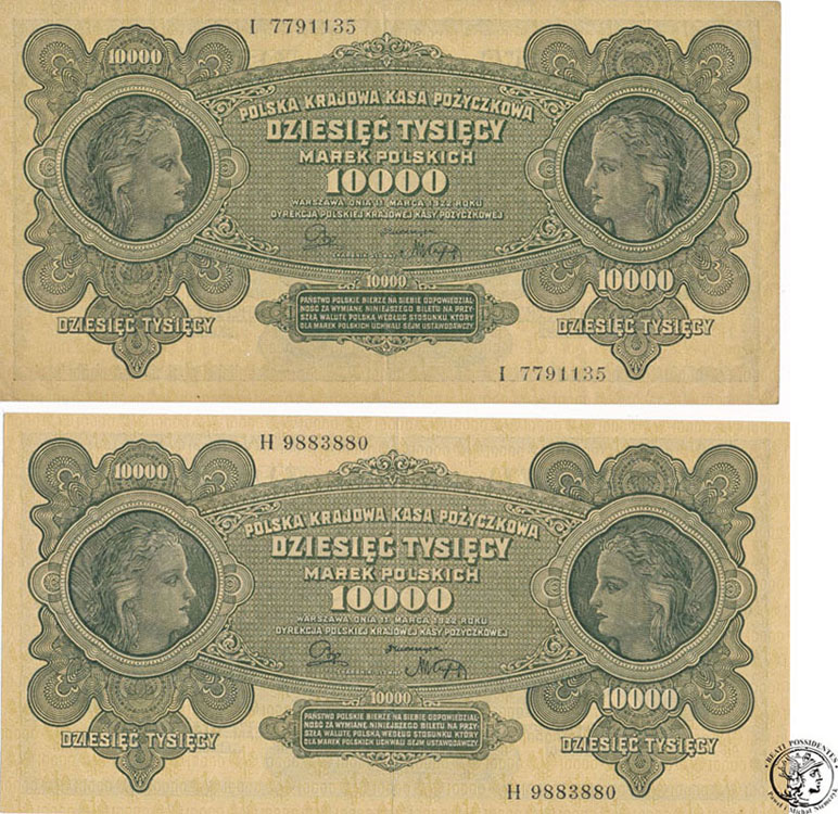 Banknoty Lot 2x 10000 marek polskich 1922 st. 2/2-