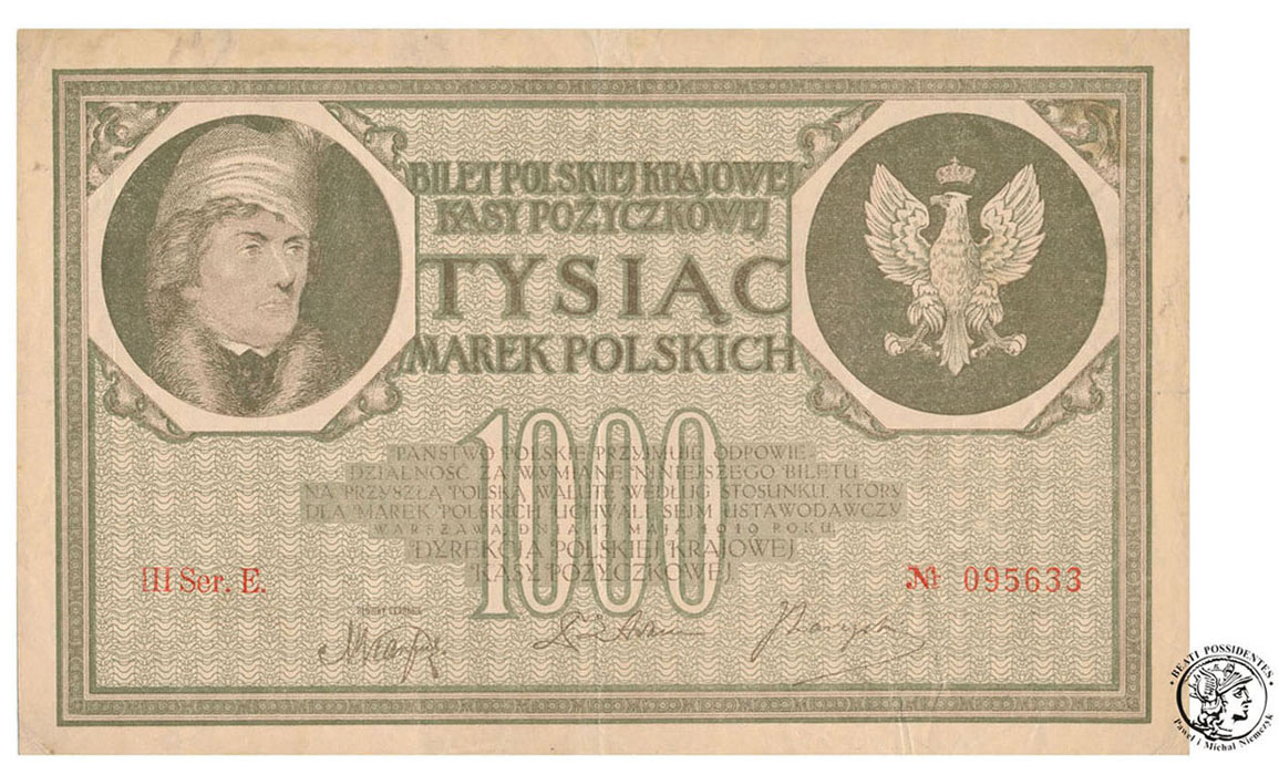 Banknot Kościuszko 1000  marek polskich 1919 st. 3