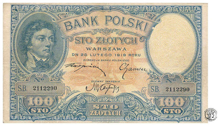 Banknot 100 złotych 1919 Kościuszko - ser.SB - st3