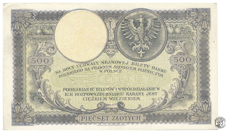 Banknot 500 złotych 1919 Kościuszko ser.SA st2-/2+