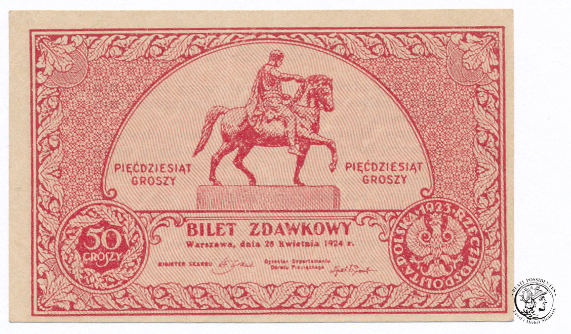 Bilet zdawkowy 50 groszy 1924  st.1/1- UNC- PIĘKNY