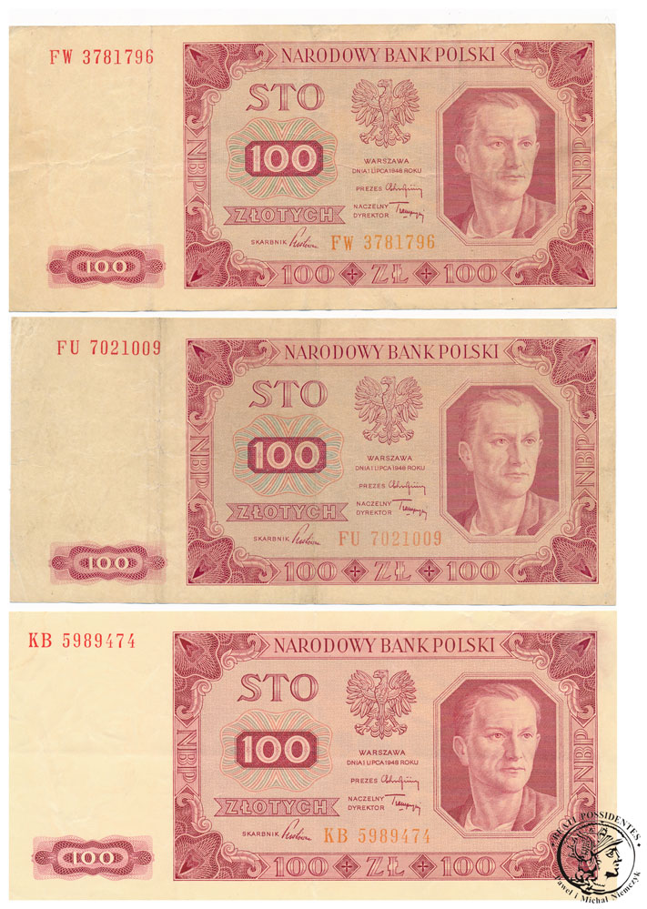 Zestaw Banknotów 100 złotych 1948  st. 3-