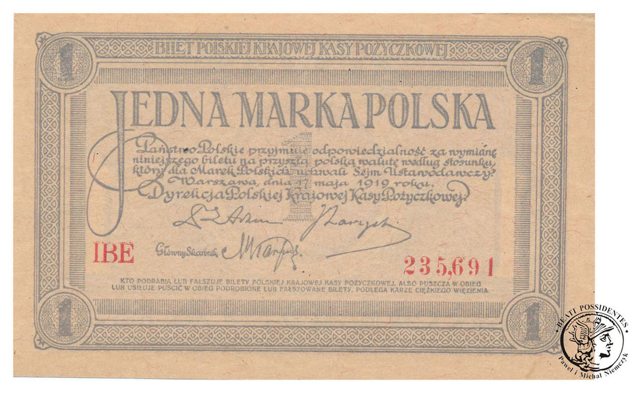 Banknot marka polska 1919 IBE st1/1- (UNC-) PIĘKNY
