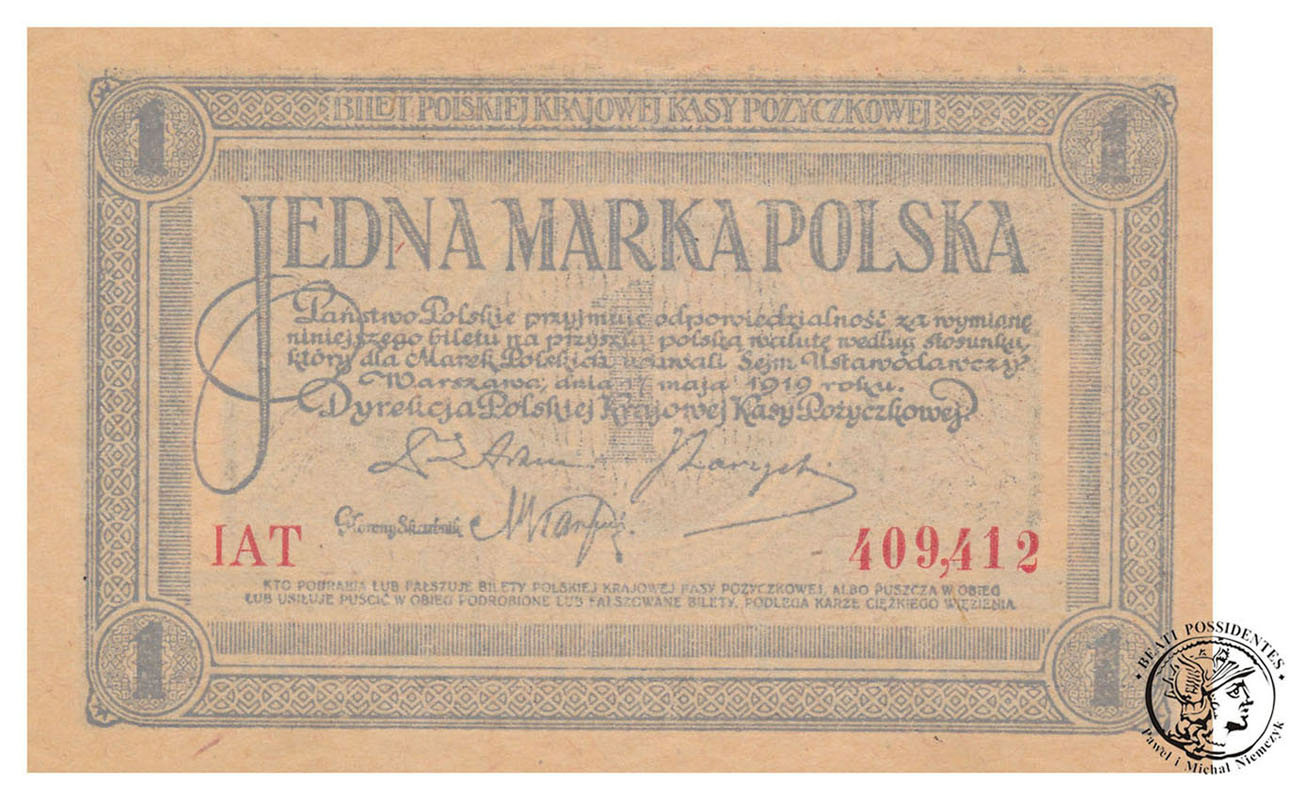 Banknot marka polska 1919 IAT st1/1- (UNC-) PIĘKNY