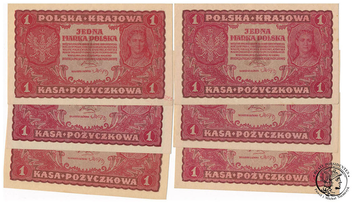 Banknoty 6x 1 marka polska 1919 różne st.1/1- UNC-