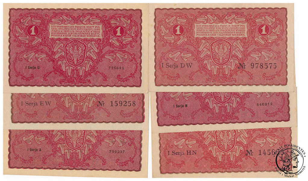 Banknoty 6x 1 marka polska 1919 różne st.1/1- UNC-