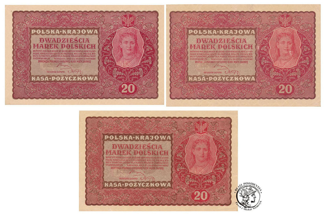 Banknot 3 x 20 marek polskich 1919 różne st1- UNC-