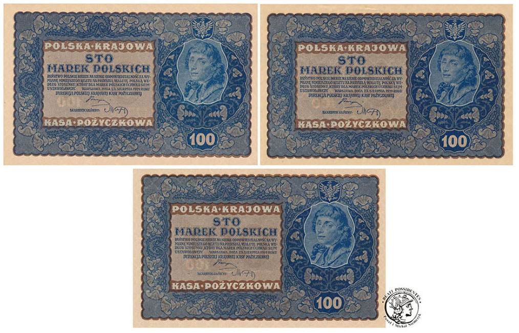 Banknot 3 x 100 marek polskich 1919 różne st.1 UNC