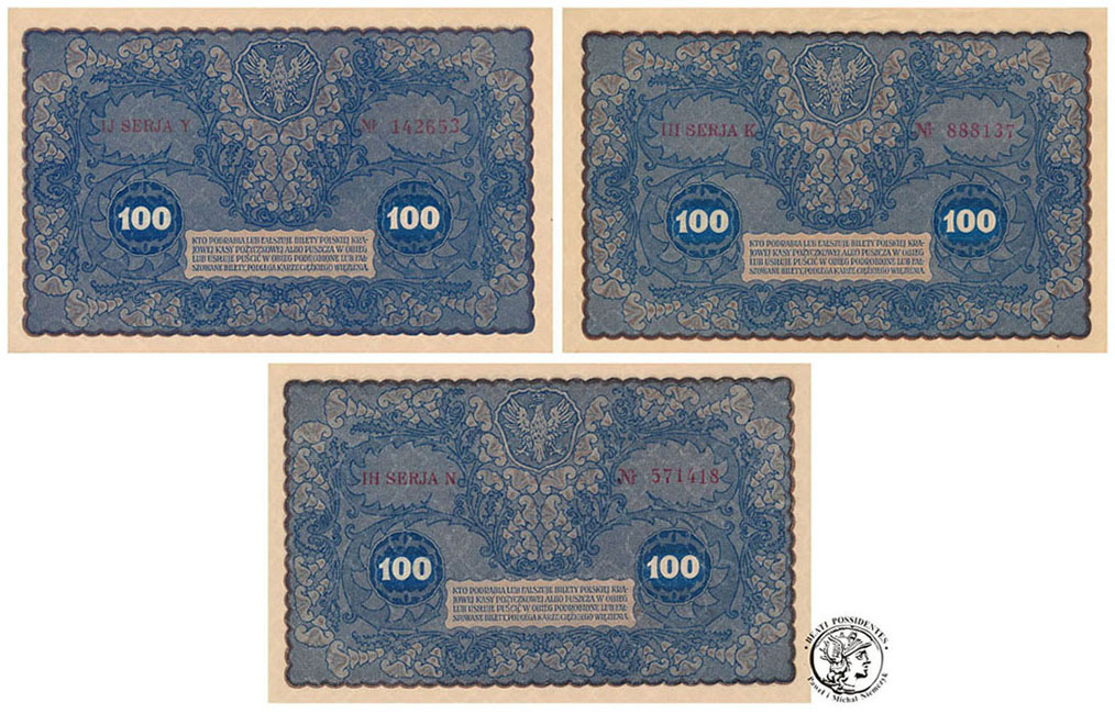 Banknot 3 x 100 marek polskich 1919 różne st.1 UNC