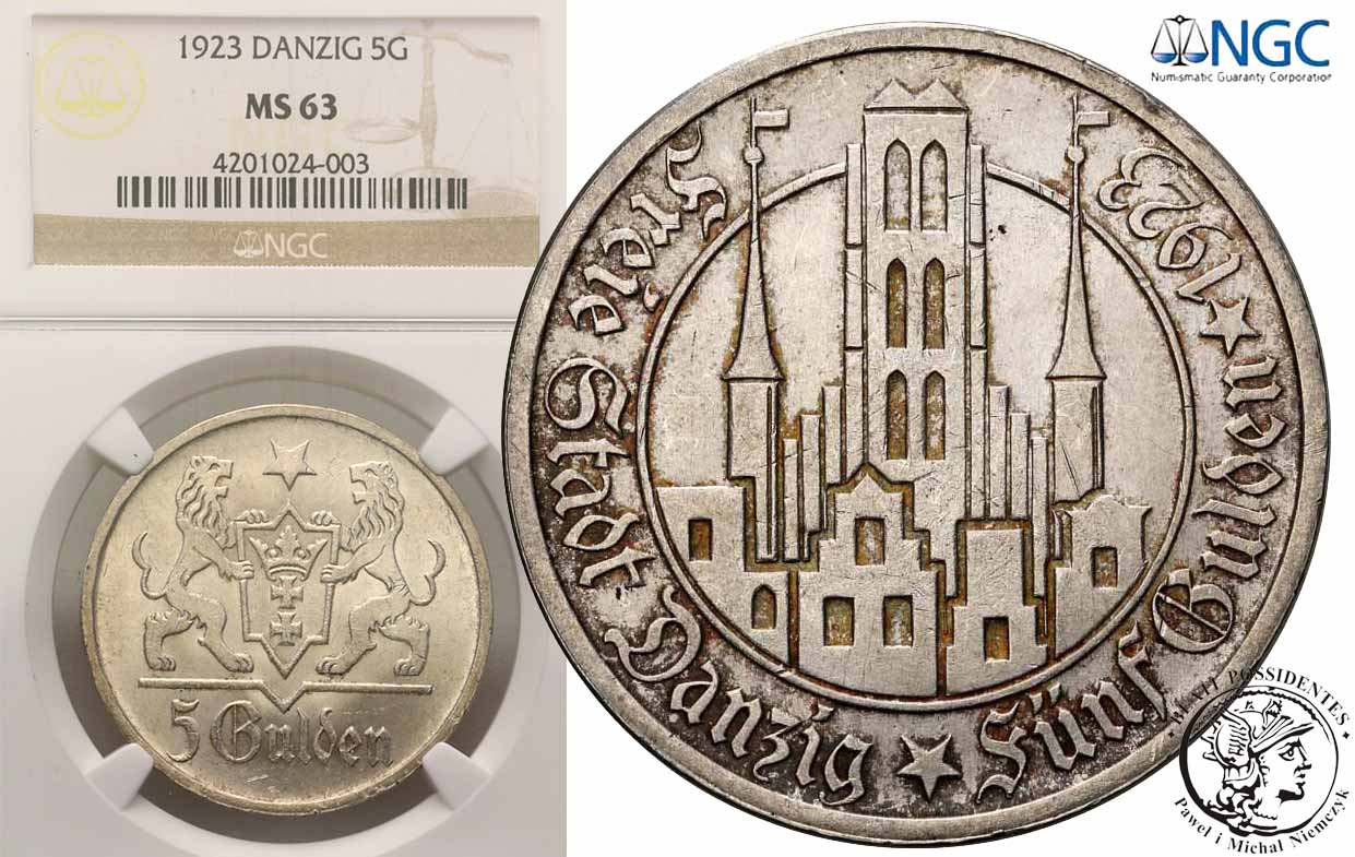 W.M. Gdańsk 5 Guldenów 1923 Kościół NMP NGC MS63