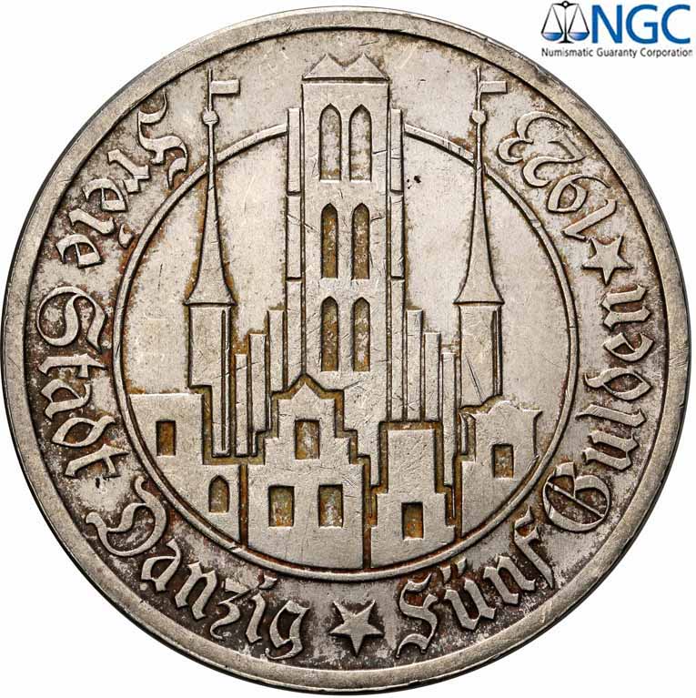 W.M. Gdańsk 5 Guldenów 1923 Kościół NMP NGC MS63