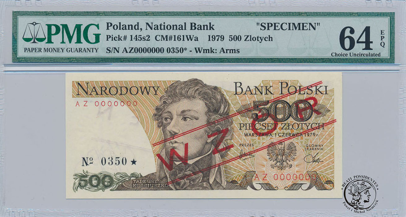 WZÓR SPECIMEN 500 złotych 1979 Kościuszko PMG 64